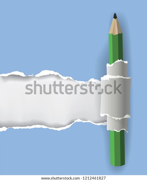 Ripped paper background with\
pencil.\
Illustration of blue ripped paper background with green\
pencil.Place for your text or image. Vector available.\
