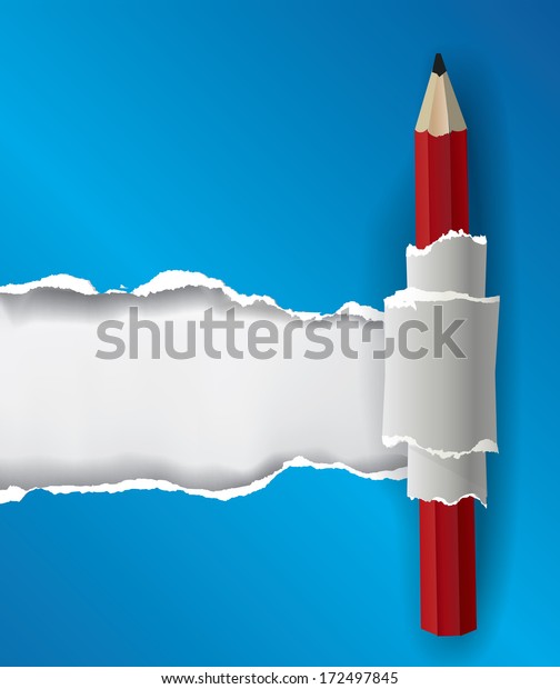 Ripped paper background with\
pencil.  Vector illustration ripped paper with bottom layer for\
your image or text, with pencil. For use as a paper notebook cover.\
