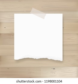 Ripped paper background stick on wood texture. Vector illustration.