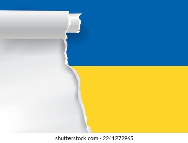 Fondo de papel despedazado con colores de bandera ucraniana. 
Ilustración de papel rodado laminado con lugar para su imagen o texto. Plantilla de pancarta expresiva. Vector disponible. 