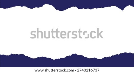 Ripped paper banner with torn edges on dark blue background. Realistic horizontal tear frame with copy space center. Grunge border design for posters, ads, and web headers. 