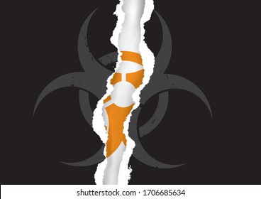 Ripped paper with biohazard symbol,hidden danger.
Illustration of black torn paper backround with hidden orange biohazard icon. Vector available.