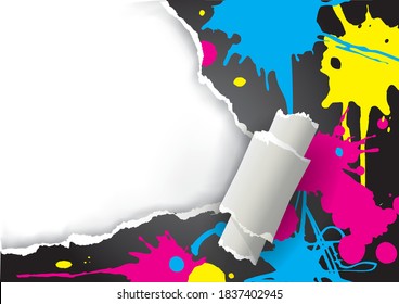 Ripped paper with CMYK colors ink splashes  . 
Ripped paper with place for your image or text. Concept for presenting color printing. Vector available.