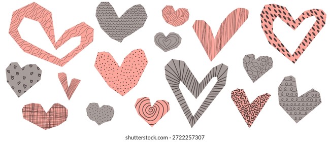 Colagem de papel rasgado com formas de coração recortado. Coleção de corações românticos vetor com rabiscos desenhados lápis de cera e stickers de coração de scrapbook Patterson.
