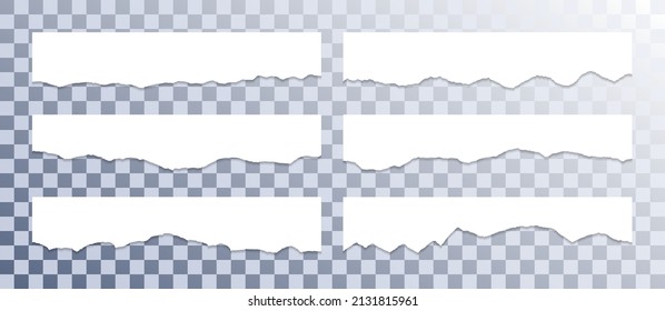 Ripped paper edge borders vector collection. White shred fragments set. Cardboard or paper torn edge stripes with shadows. Grunge teared page strip pieces. Blank text note fragments.
