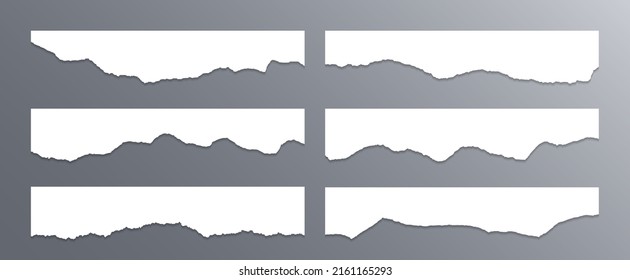 Ripped paper edge borders vector collection. White shred fragments set. Cardboard or paper torn edge stripes with shadows. Isolated teared page strip pieces. Empty text note fragments.