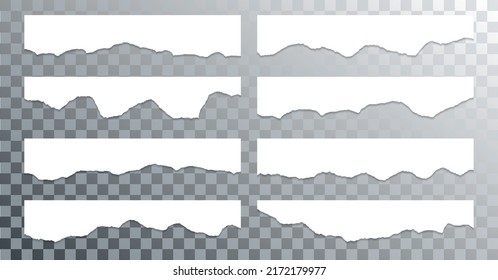 Ripped paper edge borders vector collection. White shred fragments set. Cardboard or paper ripped edge stripes with shadows. Isolated teared page strip pieces. Empty text note fragments.