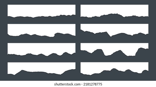 Ripped paper edge borders vector collection. White tattered fragments set. Cardboard or paper ripped edges with shadows 3D design. Grunge teared page strip pieces. Blank divider fragments.