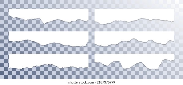 Ripped paper edge borders vector collection. White shred fragments set. Cardboard or paper ripped edge stripes with shadows. Rrough teared sheet strip pieces. Empty text note fragments.