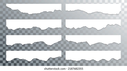 Ripped paper edge borders vector collection. White shred fragments set. Cardboard or paper ragged edges with shadows 3D design. Isolated teared page strip pieces. Empty text note fragments.
