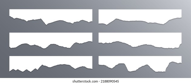 Ripped paper edge borders vector collection. White shred fragments set. Cardboard or paper ripped edge stripes with shadows. Rrough teared page strip elements. Empty text note fragments.