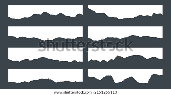 Ripped paper\
edge borders vector collection. White shred fragments set.\
Cardboard or paper torn edge stripes with shadows. Grunge teared\
page strip pieces. Blank divider\
fragments.