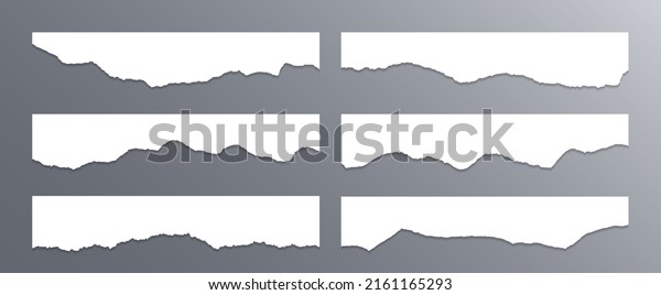 Ripped\
paper edge borders vector collection. White shred fragments set.\
Cardboard or paper torn edge stripes with shadows. Isolated teared\
page strip pieces. Empty text note\
fragments.