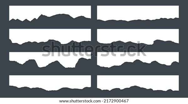 Ripped\
paper edge borders vector collection. White shred fragments set.\
Cardboard or paper ripped edge stripes with shadows. Rrough teared\
sheet strip elements. Empty text note\
fragments.