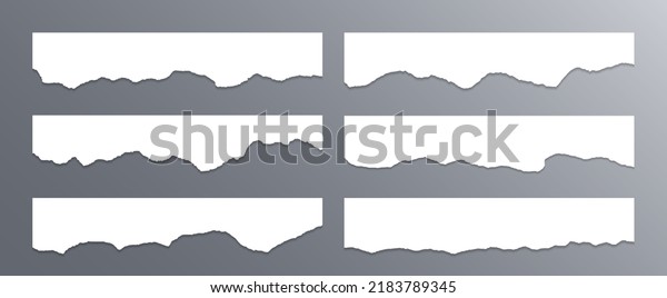 Ripped paper edge borders vector collection.\
White tattered fragments set. Cardboard or paper ripped edges with\
shadows 3D design. Rrough teared page strip elements. Empty memo\
message fragments.