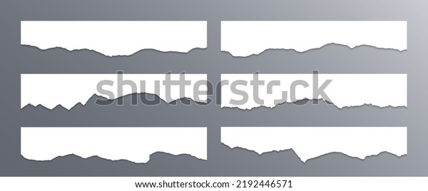 Ripped\
paper edge borders vector collection. White tattered fragments set.\
Cardboard or paper torn edges with shadows 3D design. Isolated\
teared page strip pieces. Blank divider\
fragments.