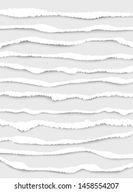 Ripped paper edges. Cut strip white notes ripped lines vector realistic collection. Edge ripped paper, scrap strip sheet illustration