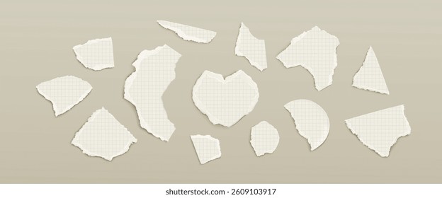 Ripped paper fragments set - torn white notebook sheet scraps, ragged textured shreds with checkered grid pattern. Realistic damaged page pieces elements for collage, scrapbooking designs frames.