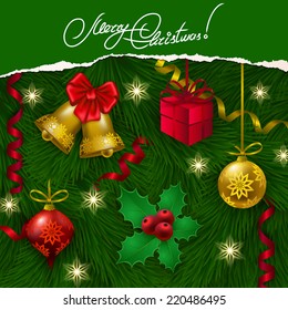 Ripped paper frame design. Festive background with realistic balls, bells, holly berries, gift, serpentine, Christmas trees for greeting card, invitation, congratulation. Vector illustration EPS10.