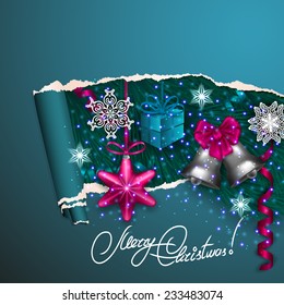 Ripped paper frame design. Festive background with realistic bell, gift, serpentine, Christmas trees for greeting card, invitation, congratulation. Vector illustration. EPS10.