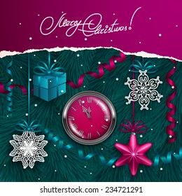 Ripped paper frame design. Festive background with realistic baubles, snowflakes, clocks, gift, serpentine, Christmas trees for greeting card, invitation, congratulation. Vector illustration EPS10.