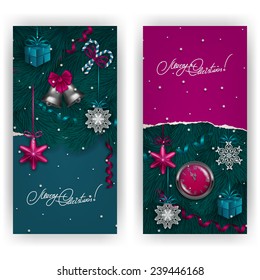 Ripped paper frame design. Set of Festive background with realistic baubles, bells, lollipops, gift, serpentine, tree, clock for greeting card, invitation, congratulation. Vector illustration EPS10.