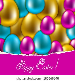 Ripped paper frame design. Vector Easter background. Seamless pattern of colorful shiny eggs for design. Vector illustration EPS 10.