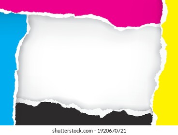 

Ripped paper frame with print colors.
Torn paper with CMYK colors.Place for your image or text. Concept for presenting color printing. Vector available.