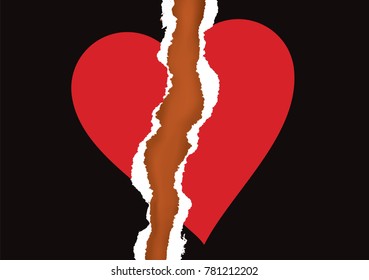 Ripped paper with heart symbol. Torn paper with broken heart icon symbolizing the end of love. Vector available. 