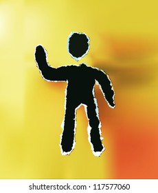 ripped paper man with one hand up
