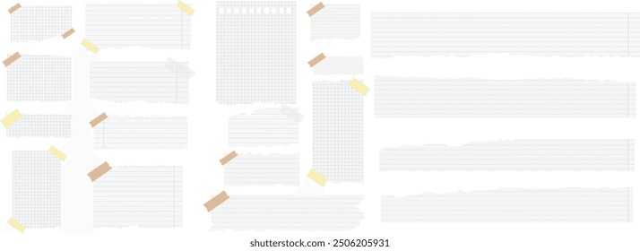 Ripped paper notes notebook pages. Torn paper sheets with transparent adhesive tape on transparent background. Sticky notes, shreds of notebook pages. Vector EPS 10