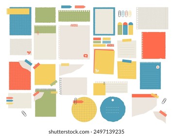 Ripped paper notes on stickers vector illustration set. Office notepapers and information board in flat cartoon style. Torn paper sheets form notepad isolated collection of sticky notes