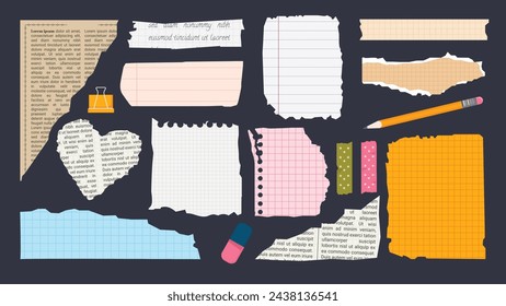 Papierzettel und -streifen zerrissen. Notizbuchseiten-Ausschuss. Klebeband, Radiergummi, Clip und Bleistift und anderes Schulbriefpapier. Aufgerissene Papierblätter mit abgerissenen Kanten. Vektor-Scrapbooking-Elemente. 