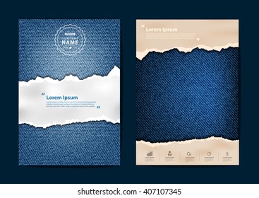 Ripped paper on texture of jeans background, Business brochure flyer design layout template in A4 size, Vector illustration modern design