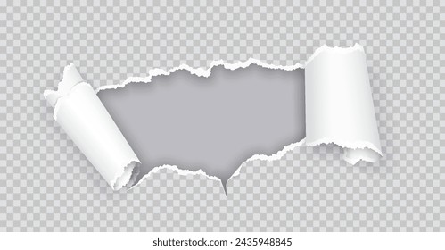 Ripped up paper over grey realistic vector illustration. Torn page with irregular edges. Hole in sheet 3d object on transparent background