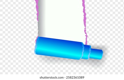 Ripped up paper over grey realistic vector illustration. Torn page with irregular edges. Hole in sheet 3d object, Torn paper rolled strip over grey realistic vector illustration. Teared page.