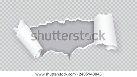 Ripped up paper over grey realistic vector illustration. Torn page with irregular edges. Hole in sheet 3d object on transparent background