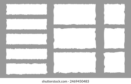 Ripped paper page. Newspaper horizontal torn strips, realistic transparent white cardboard rip edge. Vector banner rough edge grey illustration