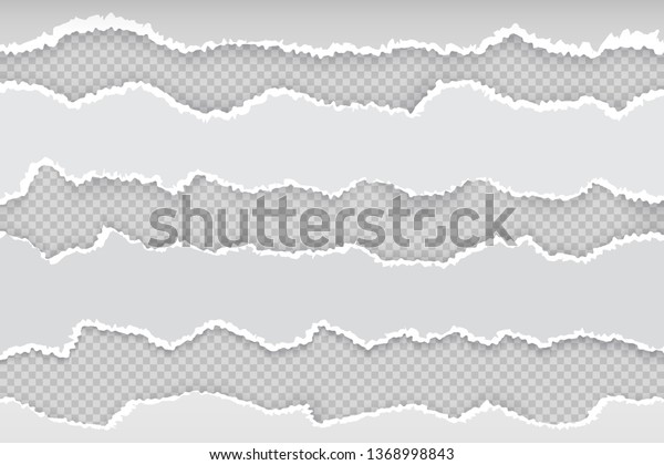 Ripped paper page. Newspaper horizontal torn\
strips, realistic transparent white cardboard rip edge. Vector\
banner rough edge grey\
illustration