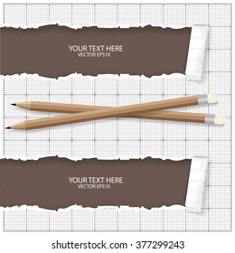 Ripped paper with pencils, space for copy