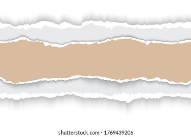Ripped paper. Pieces of torn white realistic horizontal paper strips with soft shadow isolated on white background. Vector illustration