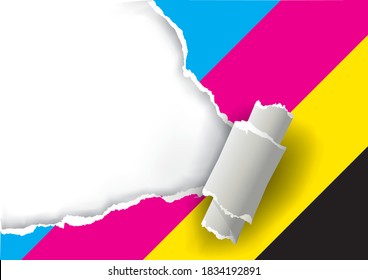 Ripped paper with print colors. 
Illustration of torn  paper with place for your image or text. Concept for presenting color printing. Vector available