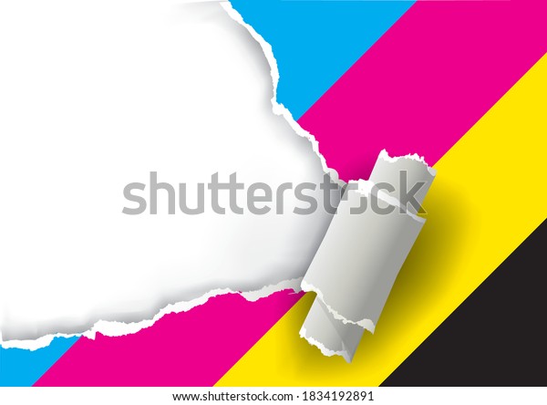 Ripped paper with print colors.\
\
Illustration of torn  paper with place for your image or text.\
Concept for presenting color printing. Vector\
available