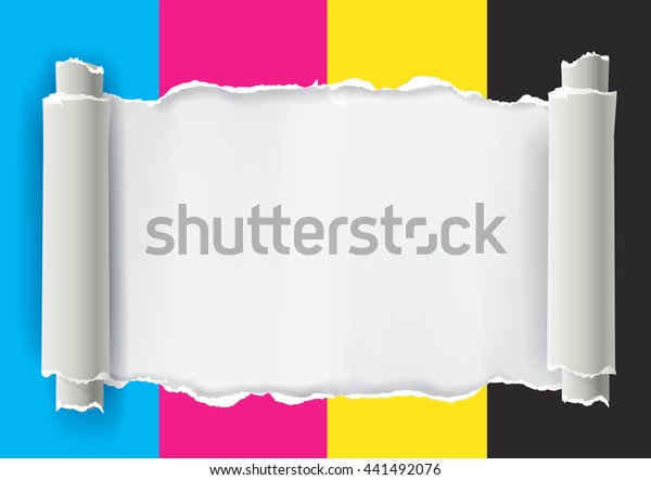 Ripped paper with print colors.\
Ripped\
paper with place for your image or text. Concept for presenting\
color printing. Vector\
available.\
