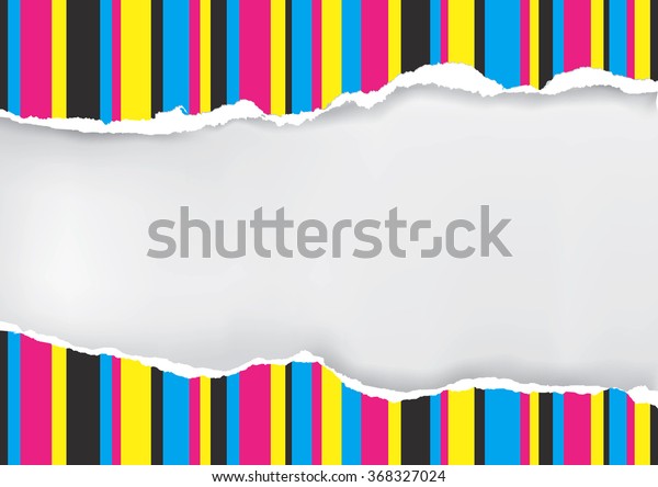 Ripped paper with\
printing colors.\
Striped ripping paper with print colors with\
place for your text or image. Concept for presenting of color\
printing. Vector\
illustration.\
