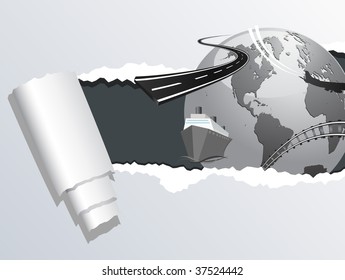 the ripped paper revealing the earth transportation concept (BW version)