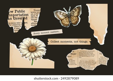 Ripped paper set, collage of notebook sheets, old newspaper. butterfly and flower stamp, vintage scrapbooking, typewriter text. Paper cut out elements