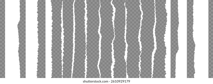 Ripped paper set with torn edge on transparent background, white vertical paper strip border for banner, scrap, notes and message. Grunge brush stroke, distorted lines. Vector illustration, png bg. 