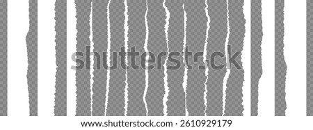 Ripped paper set with torn edge on transparent background, white vertical paper strip border for banner, scrap, notes and message. Grunge brush stroke, distorted lines. Vector illustration, png bg. 