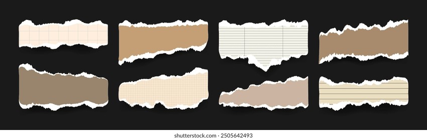 Ripped Paper sheets for Scrapbook or Collage. Torn blank old pages with uneven texture edges. Damaged Sheets of copybook and notebook in vintage colors. Empty text frames.